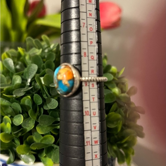 Sterling Silver w/ Turquoise and Orange Spiny Oyster Stone Ring Size 9. - Picture 1 of 5